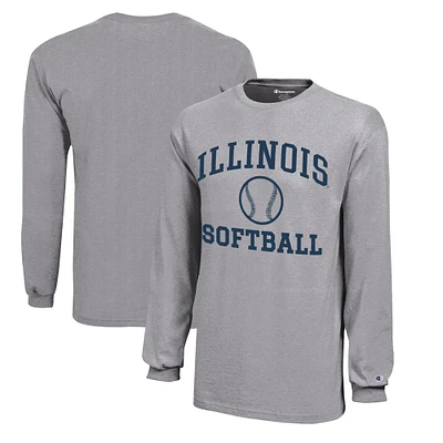 Youth Champion  Gray Illinois Fighting Illini Icon Logo Long Sleeve Softball T-Shirt