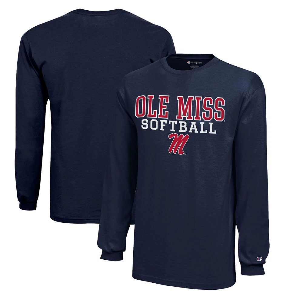 Youth Champion Navy Ole Miss Rebels Stacked Logo Long Sleeve Softball T-Shirt