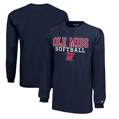 Youth Champion  Navy Ole Miss Rebels Stacked Logo Long Sleeve Softball T-Shirt