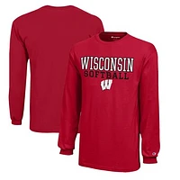 Youth Champion  Red Wisconsin Badgers Stacked Logo Long Sleeve Softball T-Shirt
