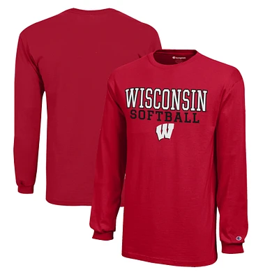 Youth Champion  Red Wisconsin Badgers Stacked Logo Long Sleeve Softball T-Shirt
