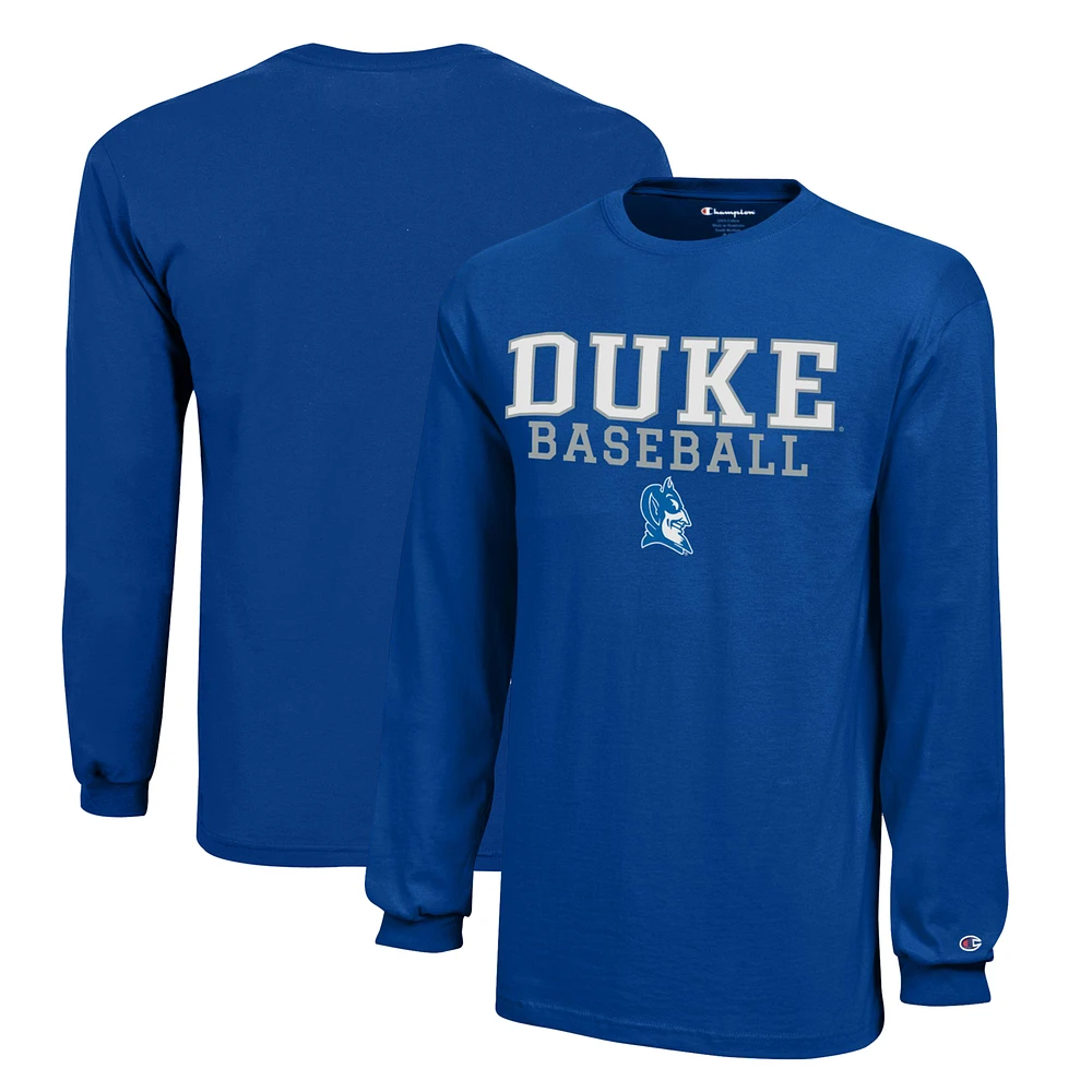 Youth Champion Royal Duke Blue Devils Stacked Logo Long Sleeve Baseball T-Shirt