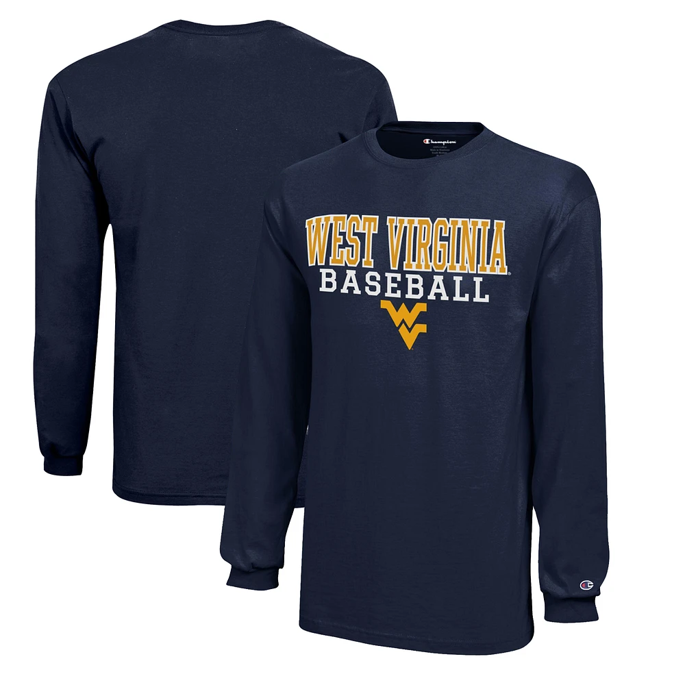 Youth Champion Navy West Virginia Mountaineers Stacked Logo Long Sleeve Baseball T-Shirt
