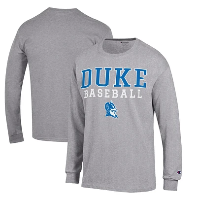Men's Champion  Gray Duke Blue Devils Stacked Logo Baseball Long Sleeve T-Shirt