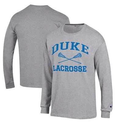 Men's Champion  Gray Duke Blue Devils Icon Logo Lacrosse Long Sleeve T-Shirt