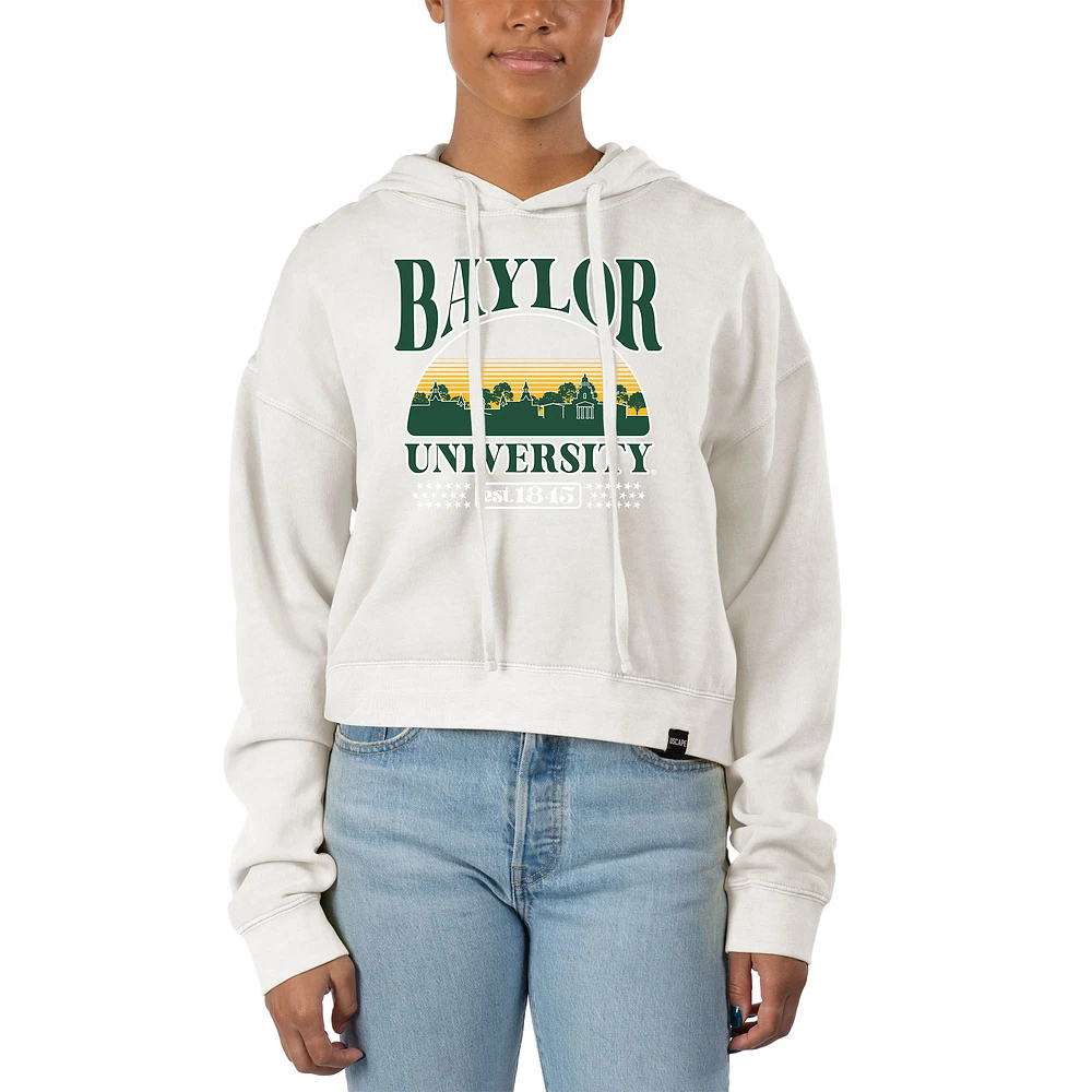 Women's Uscape Apparel Cream Baylor Bears Pigment Dyed Local Skyline Fleece Cropped Pullover Hoodie