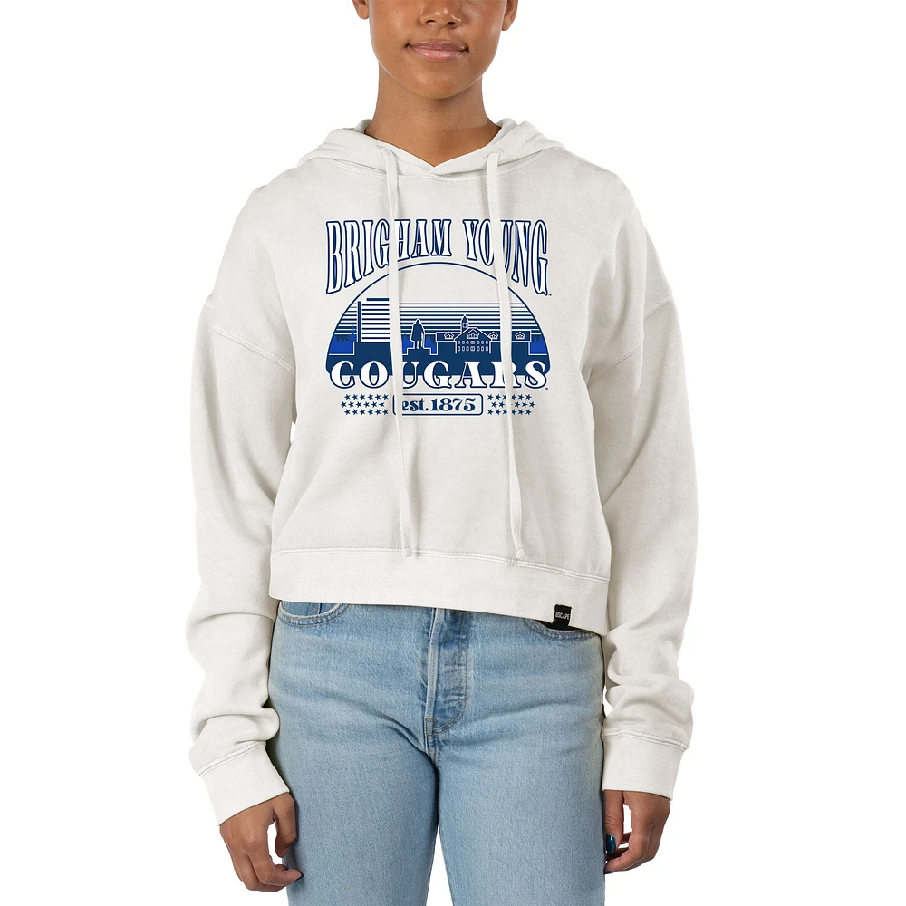 Women's Uscape Apparel Cream BYU Cougars Pigment Dyed Local Skyline Fleece Cropped Pullover Hoodie