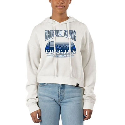 Women's Uscape Apparel Cream BYU Cougars Pigment Dyed Local Skyline Fleece Cropped Pullover Hoodie