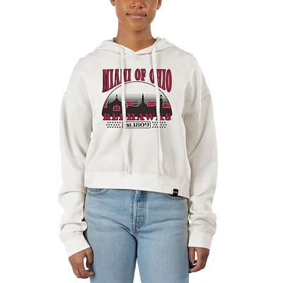 Women's Uscape Apparel Cream Miami University RedHawks Pigment Dyed Local Skyline Fleece Cropped Pullover Hoodie