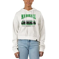 Women's Uscape Apparel Cream Marshall Thundering Herd Pigment Dyed Local Skyline Fleece Cropped Pullover Hoodie