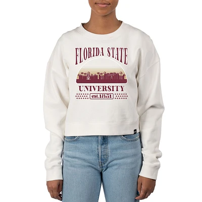 Women's Uscape Apparel Cream Florida State Seminoles Pigment Dyed Local Skyline Fleece Crop Crewneck Sweatshirt