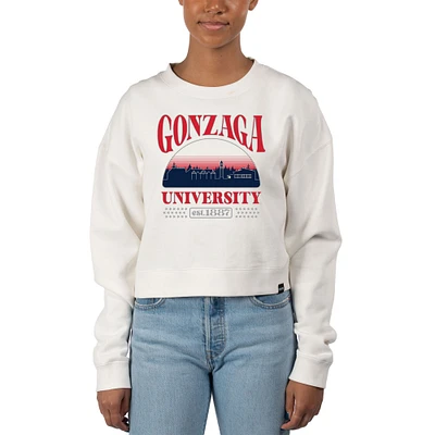 Women's Uscape Apparel Cream Gonzaga Bulldogs Pigment Dyed Local Skyline Fleece Crop Crewneck Sweatshirt