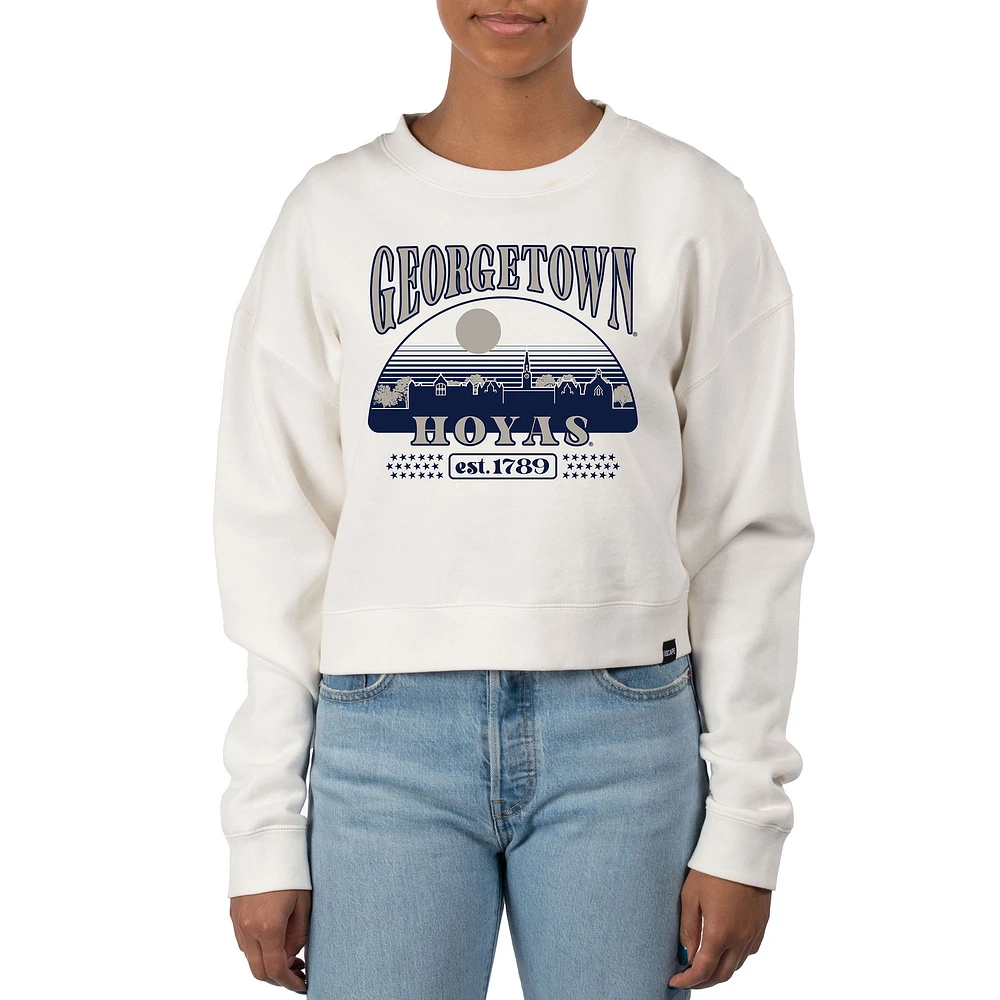 Women's Uscape Apparel Cream Georgetown Hoyas Pigment Dyed Local Skyline Fleece Crop Crewneck Sweatshirt