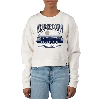 Women's Uscape Apparel Cream Georgetown Hoyas Pigment Dyed Local Skyline Fleece Crop Crewneck Sweatshirt