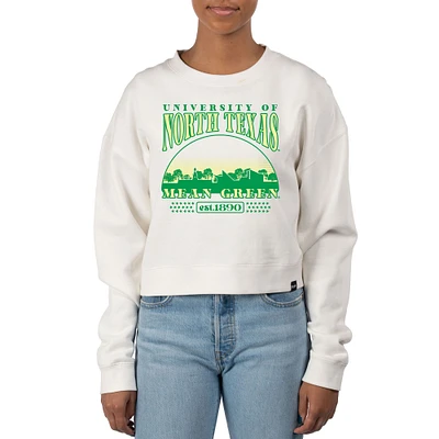 Women's Uscape Apparel Cream North Texas Mean Green Pigment Dyed Local Skyline Fleece Crop Crewneck Sweatshirt