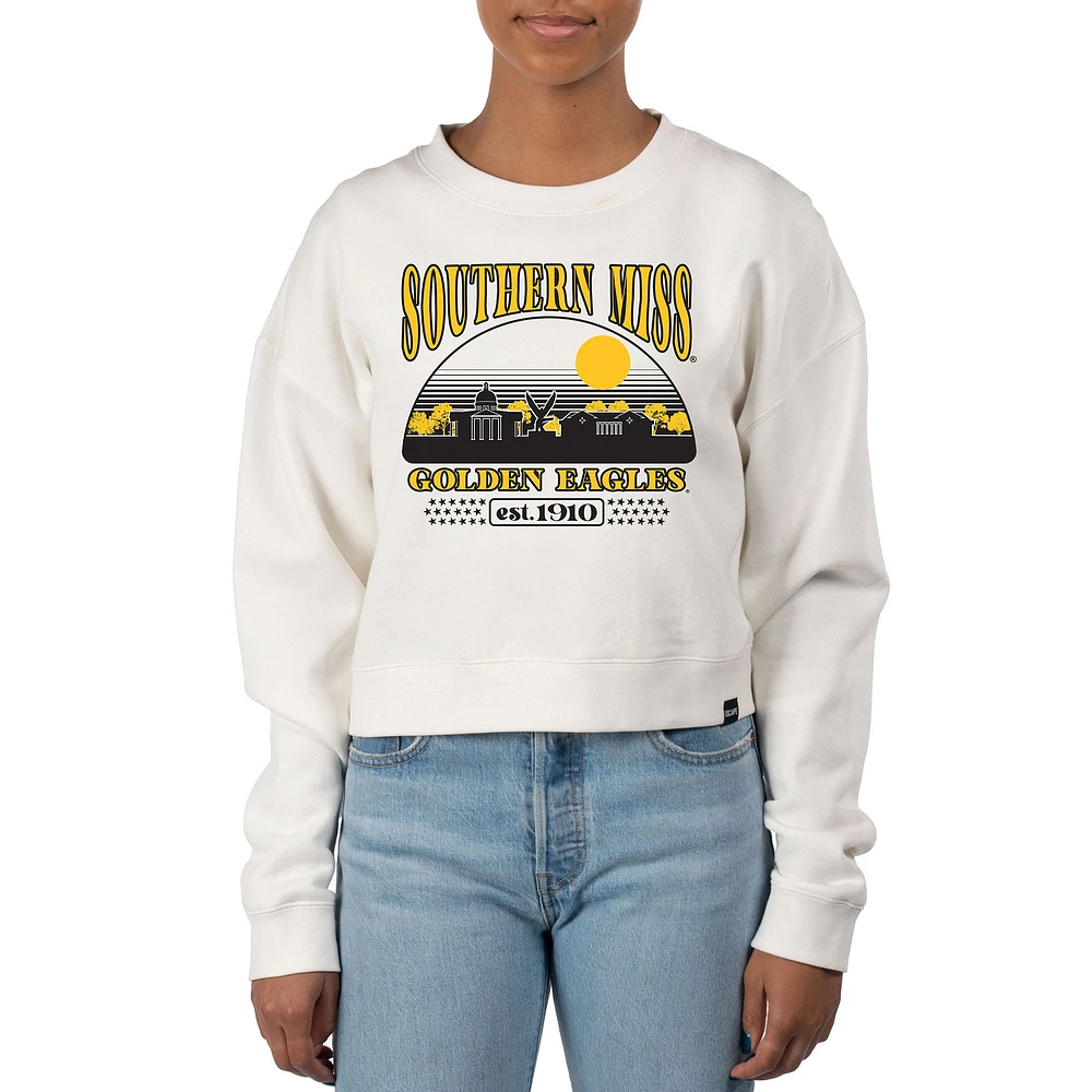 Women's Uscape Apparel Cream Southern Miss Golden Eagles Pigment Dyed Local Skyline Fleece Crop Crewneck Sweatshirt