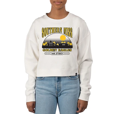 Women's Uscape Apparel Cream Southern Miss Golden Eagles Pigment Dyed Local Skyline Fleece Crop Crewneck Sweatshirt