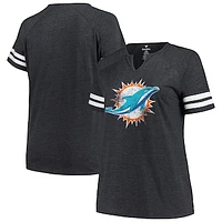 Women's Fanatics Heather Charcoal Miami Dolphins Plus Size Logo Notch Neck Raglan Sleeve T-Shirt