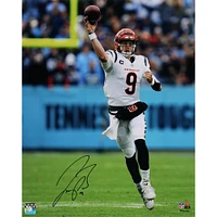 Joe Burrow Cincinnati Bengals Autographed 16" x 20" Pass vs Titans in White Jersey Photograph