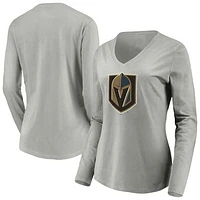 Women's Gray Vegas Golden Knights Primary Logo V-Neck Long Sleeve T-Shirt