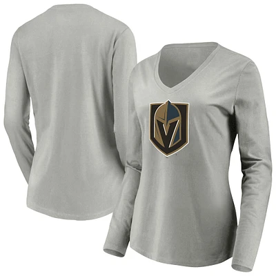 Women's Gray Vegas Golden Knights Primary Logo V-Neck Long Sleeve T-Shirt