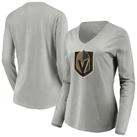 Women's Gray Vegas Golden Knights Primary Logo V-Neck Long Sleeve T-Shirt