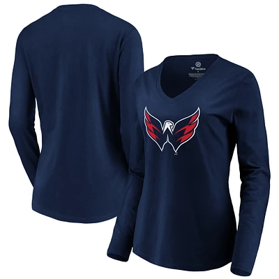 Women's Navy Washington Capitals Primary Logo V-Neck Long Sleeve T-Shirt