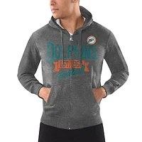 Men's Starter Charcoal Miami Dolphins Gridiron Classics Post Season Full-Zip Hoodie