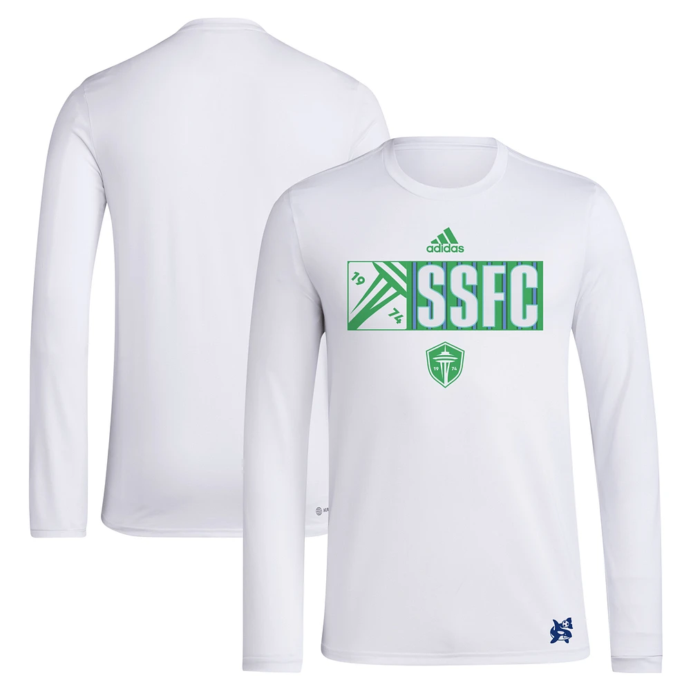 Men's adidas White Seattle Sounders FC 2024 Jersey Hook AEROREADY Long Sleeve T-Shirt