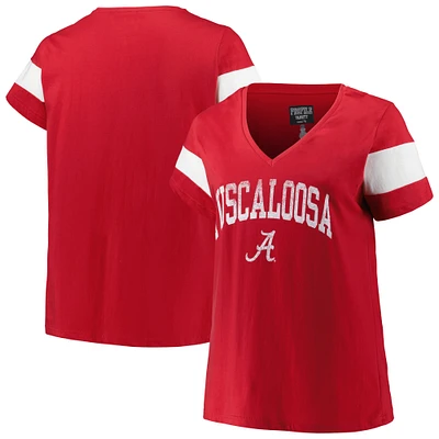 Women's Profile Heather Crimson Alabama Tide Plus Arched City Sleeve Stripe V-Neck T-Shirt