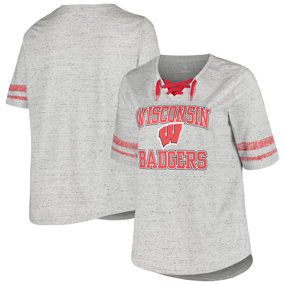 Women's Profile Heather Gray Wisconsin Badgers Plus Striped Lace-Up V-Neck T-Shirt