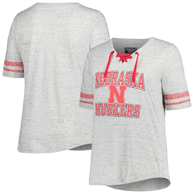 Women's Profile Heather Gray Nebraska Huskers Plus Size Striped Lace-Up V-Neck T-Shirt