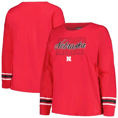 Women's Profile Scarlet Nebraska Huskers Plus Size Triple Script Scoop Neck Long Sleeve T-Shirt