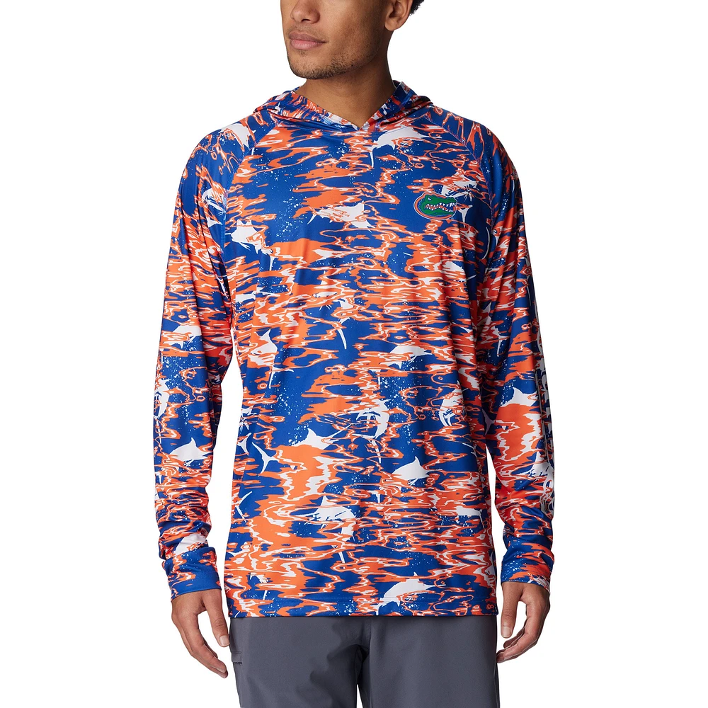 Men's Columbia Royal Florida Gators PFG Terminal Tackle Omni-Shade Rippled Long Sleeve Hooded T-Shirt