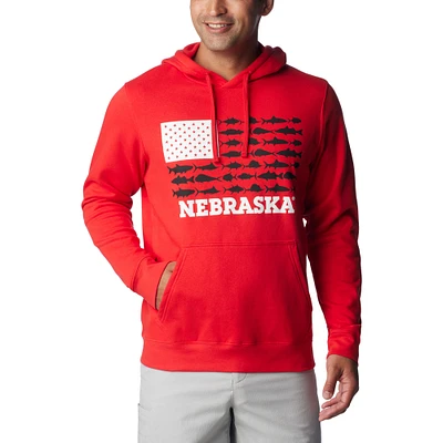 Men's Columbia Scarlet Nebraska Huskers PFG Fish Flag II Pullover Hoodie