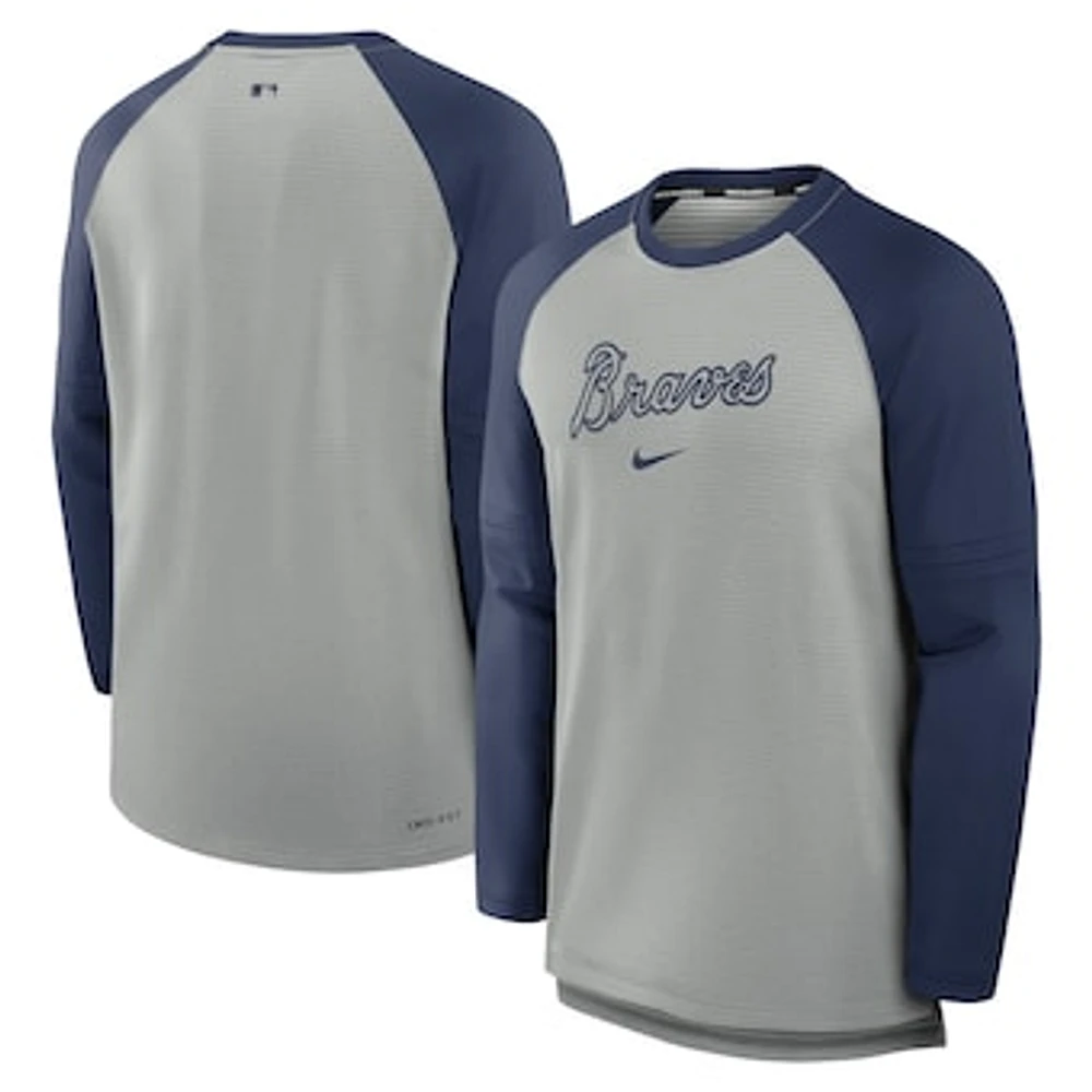 Men's Nike Heather Gray/Navy Atlanta Braves Authentic Collection Game Time Raglan Performance Long Sleeve T-Shirt