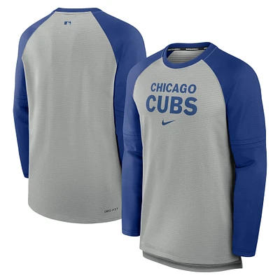 Men's Nike Heather Gray/Royal Chicago Cubs Authentic Collection Game Time Raglan Performance Long Sleeve T-Shirt