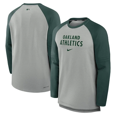 Men's Nike Heather Gray/Green Oakland Athletics Authentic Collection Game Time Raglan Performance Long Sleeve T-Shirt