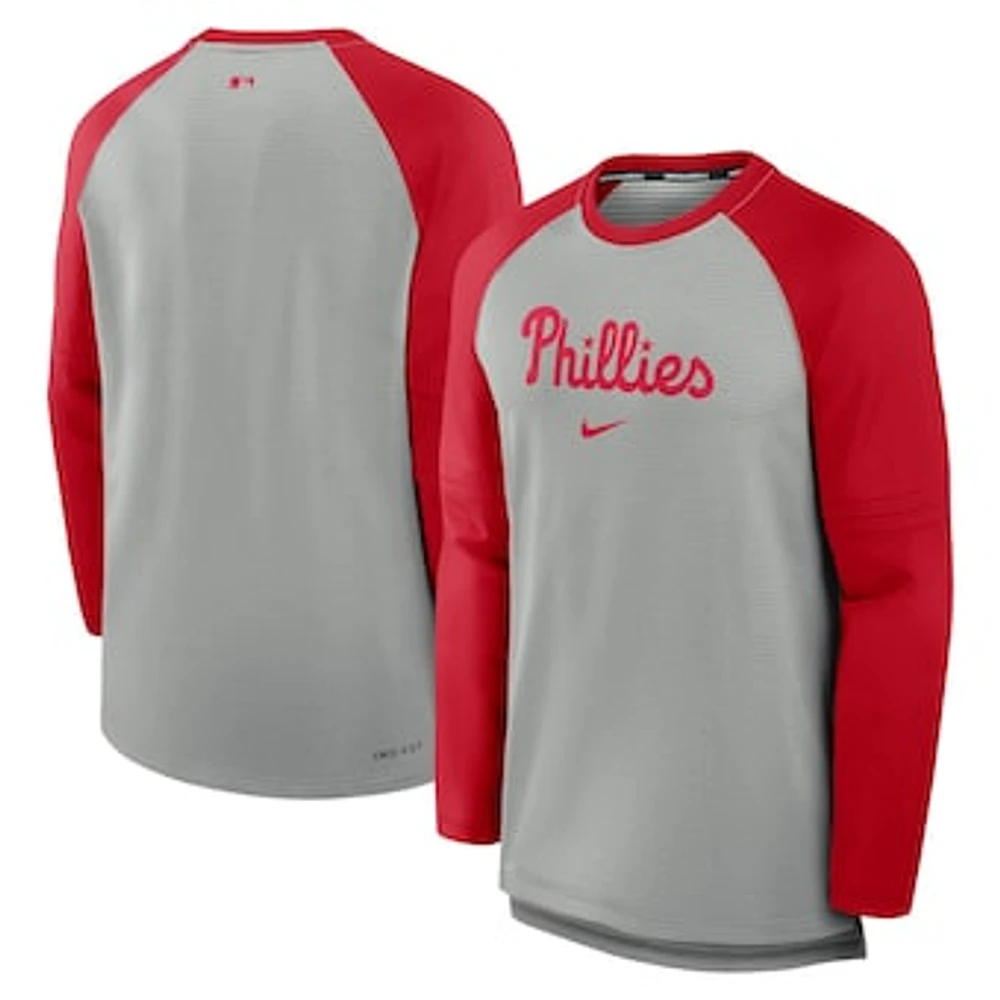 Men's Nike Heather Gray/Red Philadelphia Phillies Authentic Collection Game Time Raglan Performance Long Sleeve T-Shirt