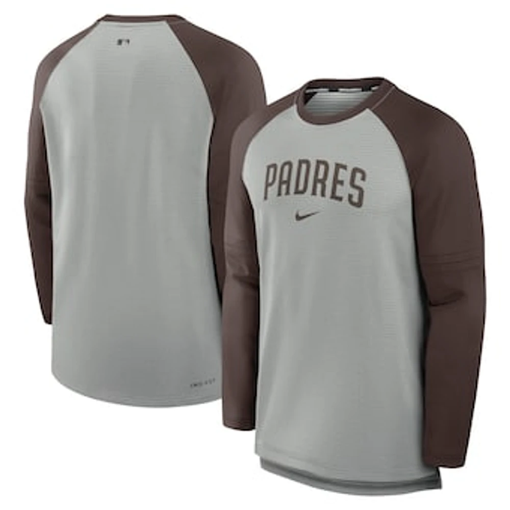 Men's Nike Heather Gray/Brown San Diego Padres Authentic Collection Game Time Raglan Performance Long Sleeve T-Shirt