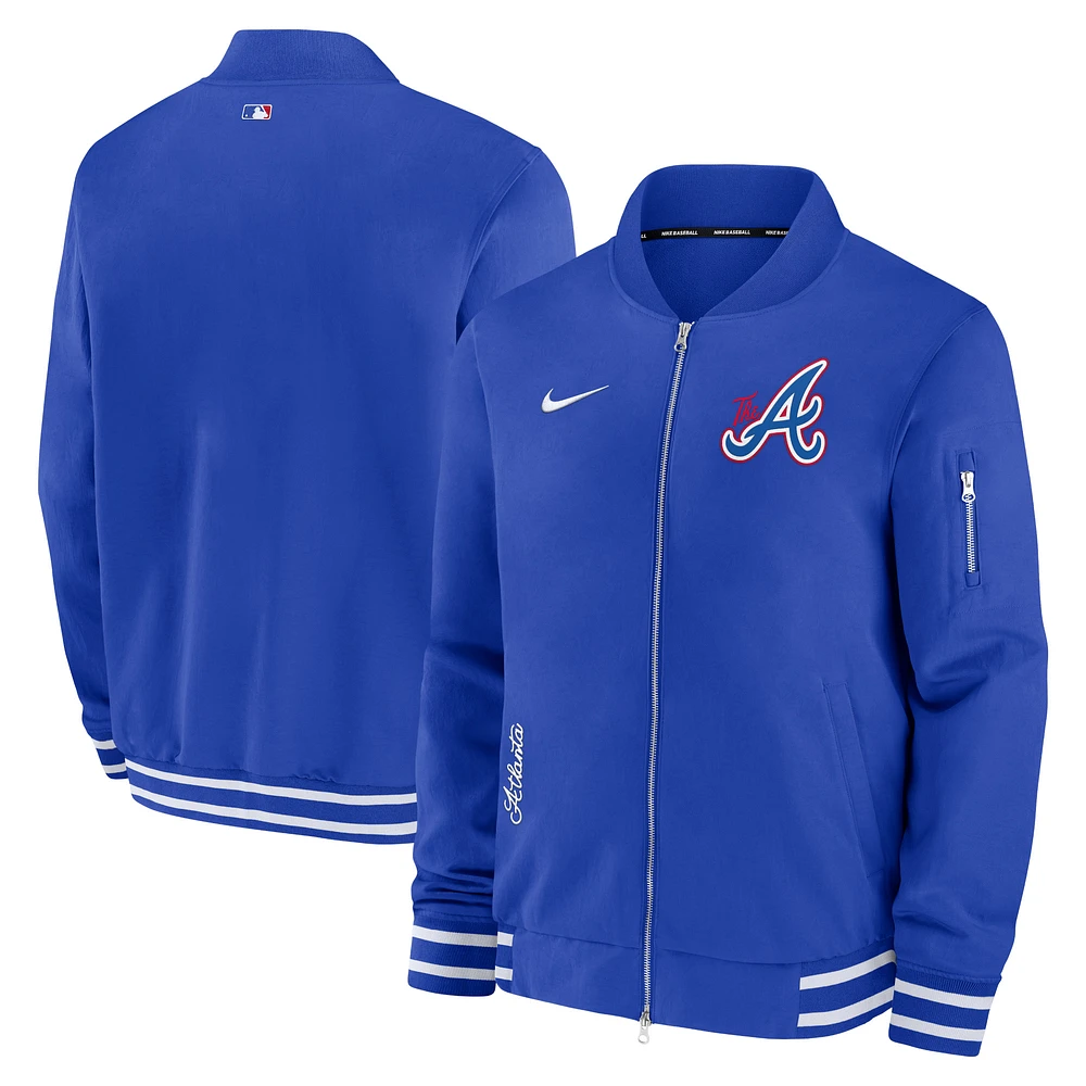 Men's Nike  Royal Atlanta Braves City Connect Authentic Collection Game Time Bomber Full-Zip Jacket