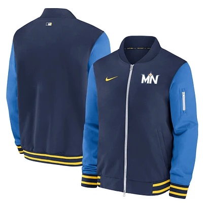 Men's Nike Navy Minnesota Twins 2024 City Connect Authentic Collection Game Time Full-Zip Bomber Jacket