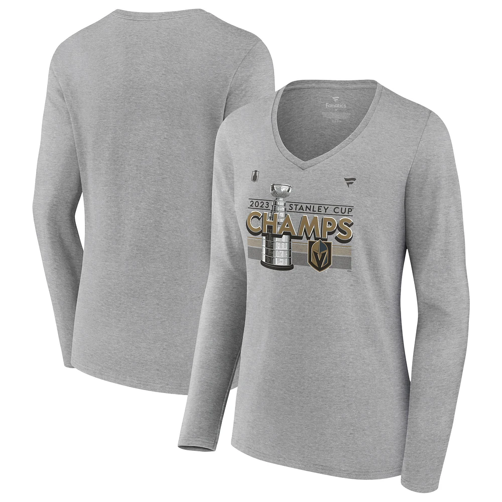 Women's Fanatics Heather Gray Vegas Golden Knights 2023 Stanley Cup Champions Locker Room Long Sleeve V-Neck T-Shirt