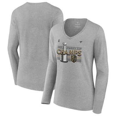 Women's Fanatics  Heather Gray Vegas Golden Knights 2023 Stanley Cup Champions Locker Room Long Sleeve V-Neck T-Shirt