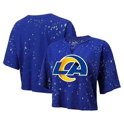 Women's Majestic Threads Royal Los Angeles Rams Bleach Splatter Notch Neck Crop T-Shirt