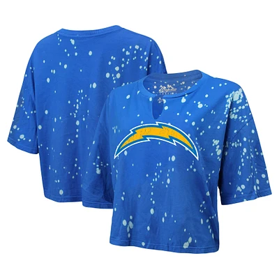 Women's Majestic Threads Powder Blue Los Angeles Chargers Bleach Splatter Notch Neck Crop T-Shirt