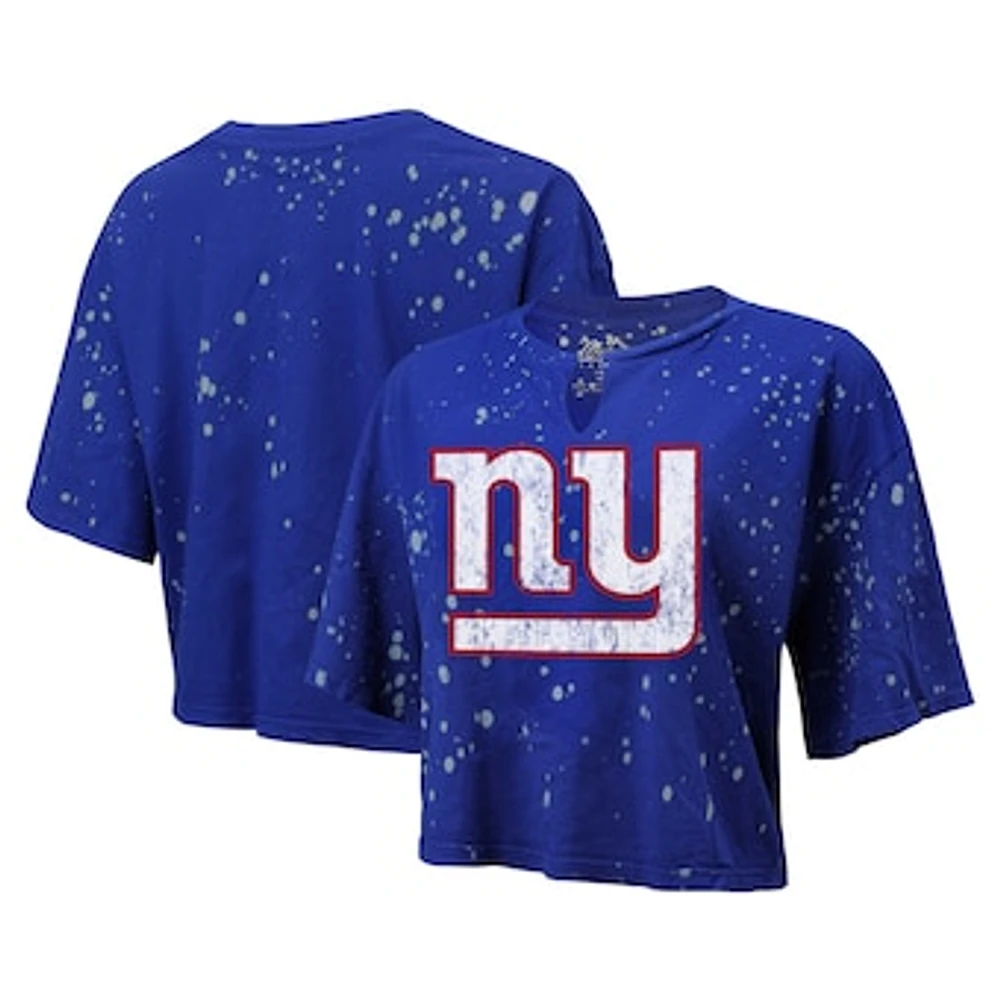 Women's Majestic Threads Royal New York Giants Bleach Splatter Notch Neck Crop T-Shirt