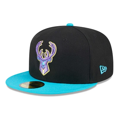 Men's New Era Black/Turquoise Milwaukee Bucks Arcade Scheme 59FIFTY Fitted Hat