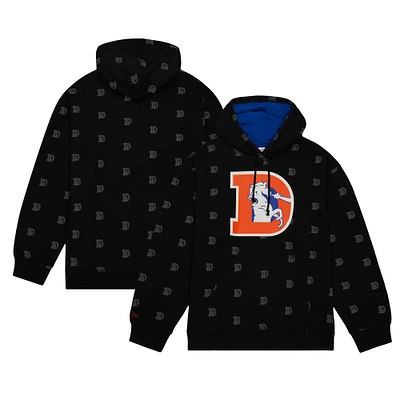 Men's Mitchell & Ness Black Denver Broncos Allover Print Fleece Pullover Hoodie