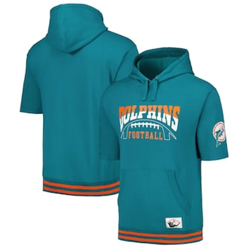 Men's Mitchell & Ness Aqua Miami Dolphins Pre-Game Short Sleeve Pullover Hoodie